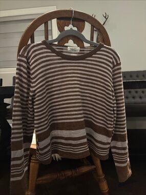 Women's Brown and Cream Striped Crewneck Sweater